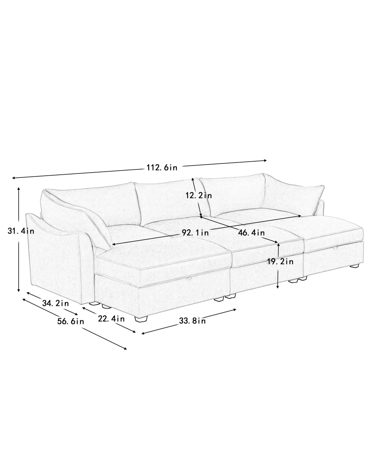 Streamdale Furniture 3-Seat Chenille Green Sofa with Ottomans & Storage