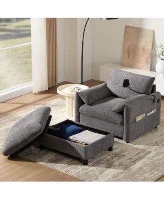 Sofa w/ Storage Ottoman, USB, Phone Holder, Pockets, Wide Chaise, Chenille