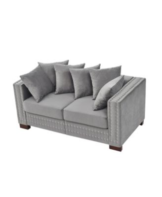 Modern Grey Velvet Loveseat with Silver Nailhead Trim