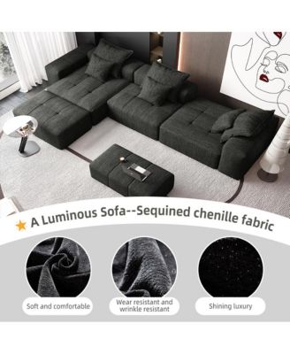 Modern Oversized Chenille Sectional Sofa with 6 Pillows, Black