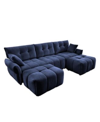 Blue Chenille 3-Seater Sofa Set with Ottoman and Pillows