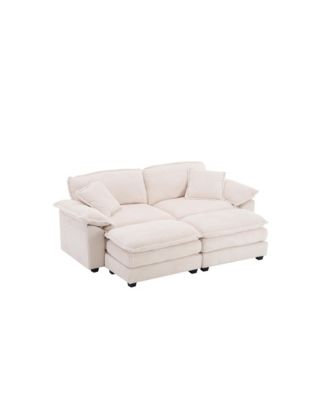 Corduroy 2-Seat Sofa with Pillows & Ottomans - White