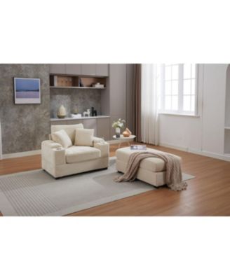 Corduroy Chaise Lounge Sofa w/ Ottoman, Storage & Cupholders