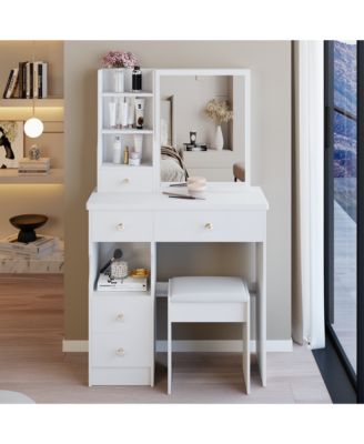 3-Piece Wood Vanity Table Set with Mirror, Stool & Storage