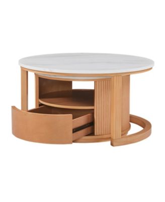  Round Marble Top Nesting Coffee Table, 2-Tier Storage, Drawer, Natural, 28.5"