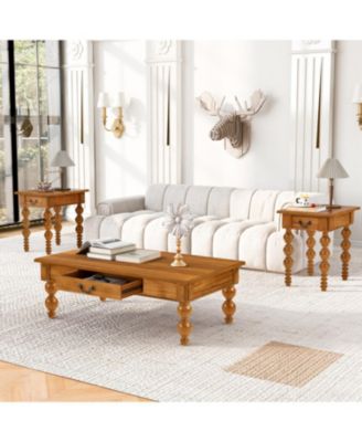 Wooden Coffee Table with Drawer & Gourd Legs (Natural)