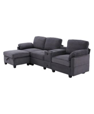 L-Shape Corduroy Sofa- 4-Seater, USB, Storage, Console & Ottoman