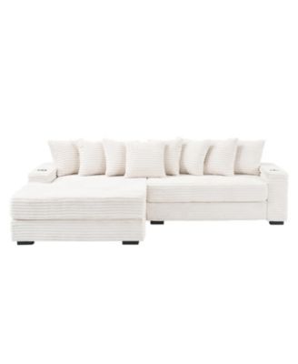 Beige Corduroy Sofa w/ Cupholders, Lockers, Reversible Chaise