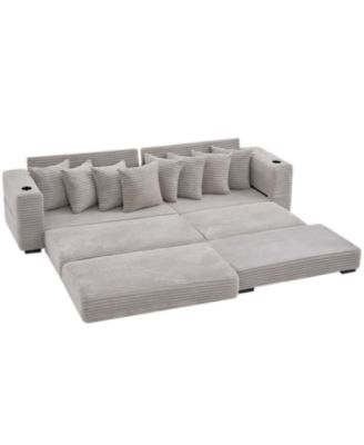 Corduroy L-Shaped Sectional Sofa w/ Ottoman, Pillows & Cup Holders - Light Gray