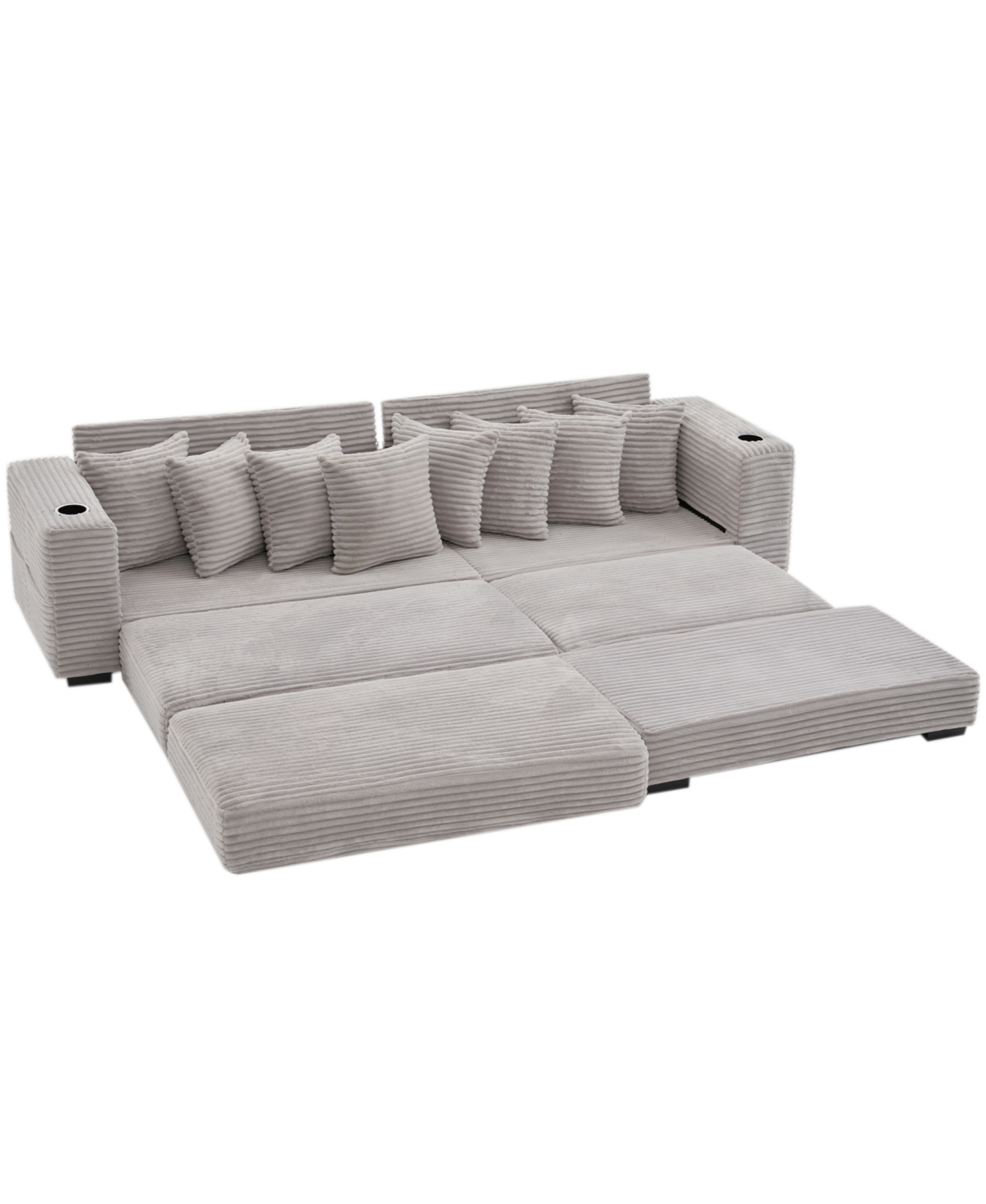 Streamdale Furniture Corduroy L-Shaped Sectional Sofa w/ Ottoman, Pillows & Cup Holders - Light Gray
