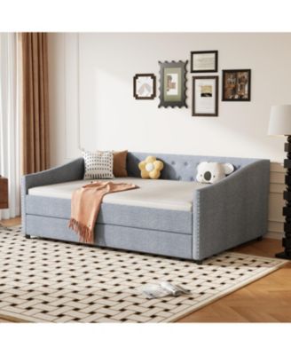  Upholstered Daybed with Twin Trundle, Tufted Sofa Bed - Light Grey