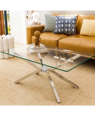 Streamdale 39" Clear Glass Coffee Table, Silver Metal Legs