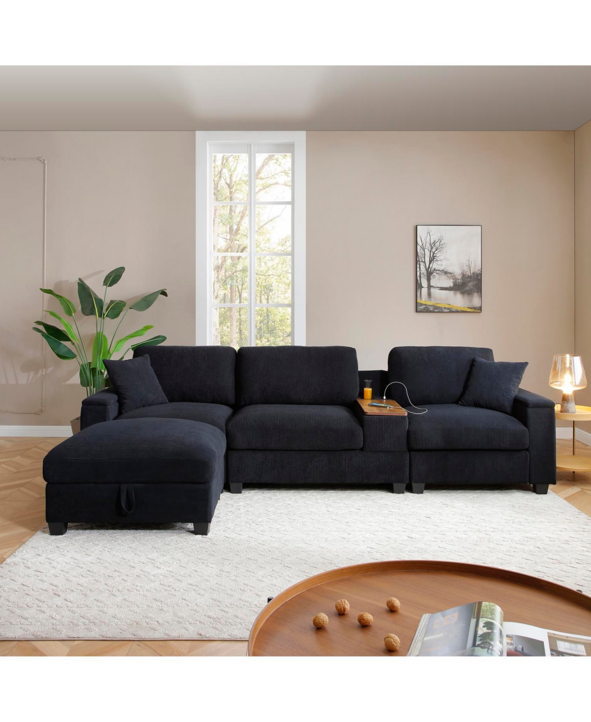 Streamdale Furniture Streamdale Oversized L-Shaped Sectional Sofa with Drop Down Table & Storage Ottoman