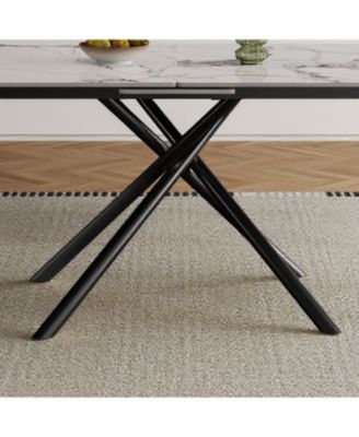 59" Modern Expandable Dining Table, Sintered Stone Top, Black X-Base