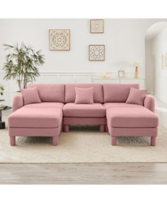 Pink Boucle U-Shape Sectional Sofa with Shell Armrests & Ottomans