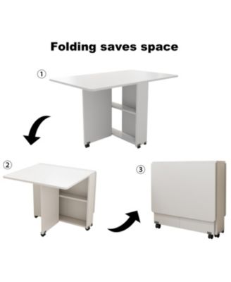 Folding Drop Leaf Dining Table with Wheels & Storage - White