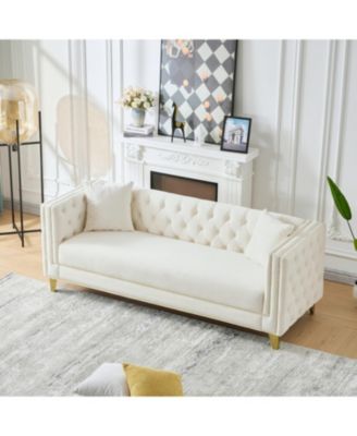 80" Chesterfield Velvet Sofa, 3-Seater, Button Nailhead, Beige