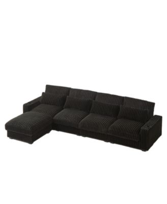 Corduroy L-Shaped Sofa w/ Cup Holder, USB, Pillows & Movable Footrest