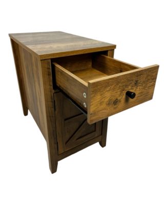 Farmhouse End Table with Storage and Charging Station, Drawer and Barn Door
