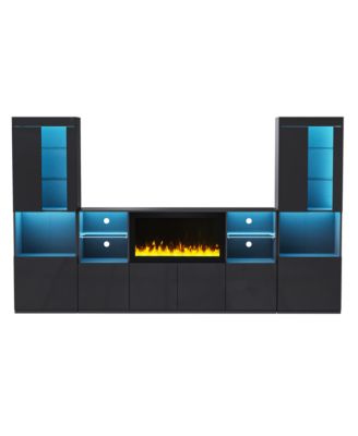 Modern TV Stand with Non-Heating Electric Fireplace, LED Lights, and Tempered Glass Shelves for up to 75" TVs