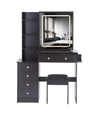 Vanity Table Set with Sliding Mirror, 2 AC+2 USB, Hair Dryer Stand