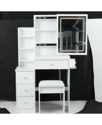 Streamdale Multifunctional Bedside Vanity Table with - LED Mirror - Power Station - Hair Dryer Bracket - Cushioned Stool