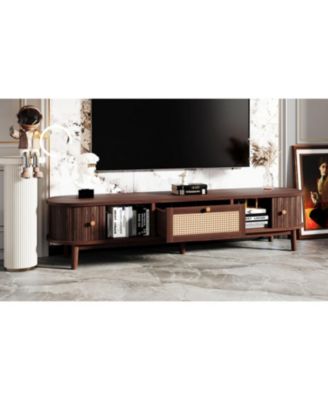 Modern TV Stand for 75" TVs with Rattan Drawer & Cabinets