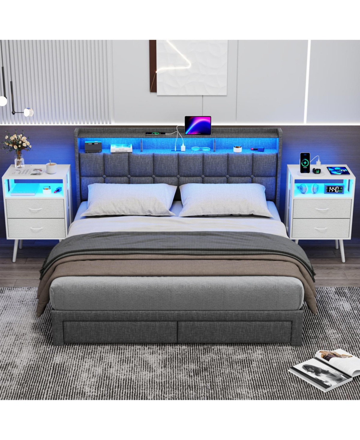 Streamdale Furniture Charging Nightstand with Led & Fabric Drawers