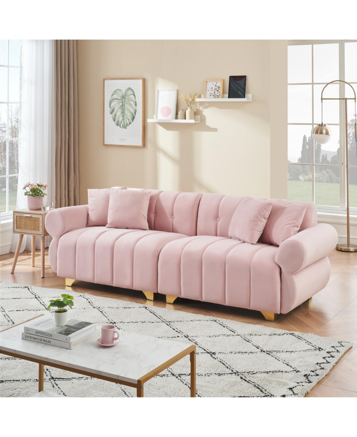 Streamdale Furniture 89" Flannelette Metal Feet Sofa Set with Throw Pillows