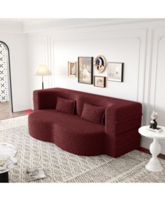 Teddy Fabric Convertible Sleeper Sofa Bed with 2 Pillows - Burgundy