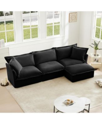 L-Shaped Chenille Sectional Sofa with Ottoman - Black