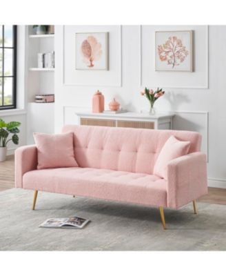 71.7 - inch Pink Teddy Fleece Sofa Bed with Two Complimentary Throw Pillows