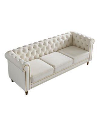 Chesterfield Velvet Sofa 84.65 inch for Living Room Beige Color