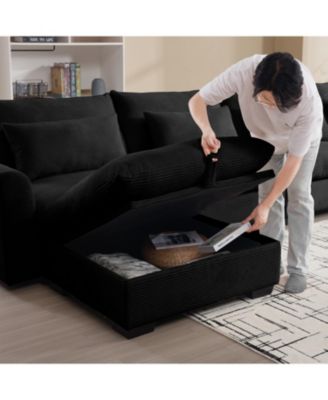 Black Corduroy Modular Sofa with Storage Ottoman