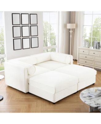 White Chenille 2-Seater Sofa with Storage Ottomans