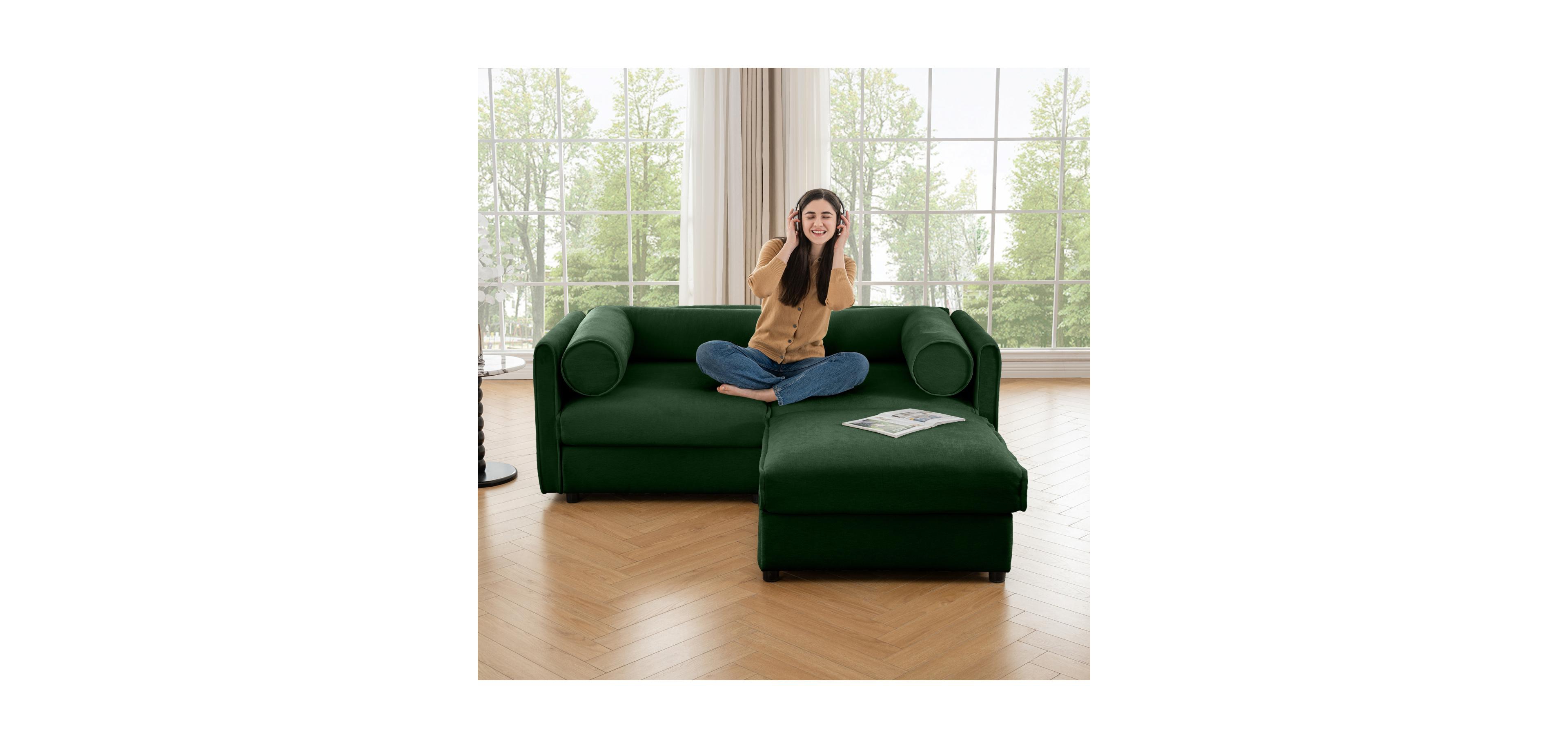 Streamdale Furniture Green Chenille 2-Seater Sofa with Ottoman Storage