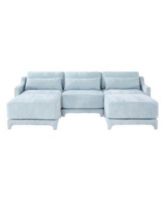 Chenille 3-Seater Sofa with Ottomans & Pillow - Sky Blue