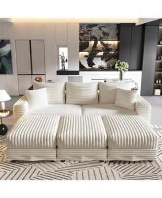 Plush Corduroy 3-Seat Sofa w/ Ottomans - Modern Comfy Cloud Couch
