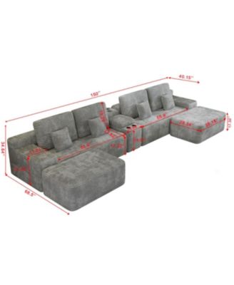  150" Sectional Sofa with 2 Ottomans, Light Grey Corduroy