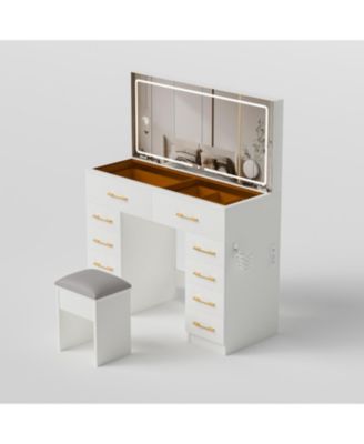 46" Glass Top Vanity Desk with Mirror, Stool, Power Outlet