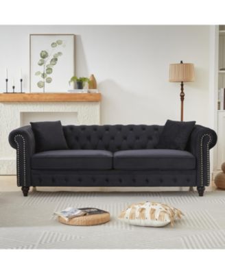  Velvet Chesterfield Sofa 85.5" Rolled Arms 3 Seater Button Design + 2 Cushions
