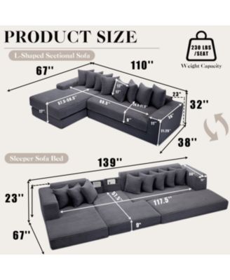 Oversize Cloud Couch L-Shape Sleeper Sofa Bed, 8 Pillows, Corduroy