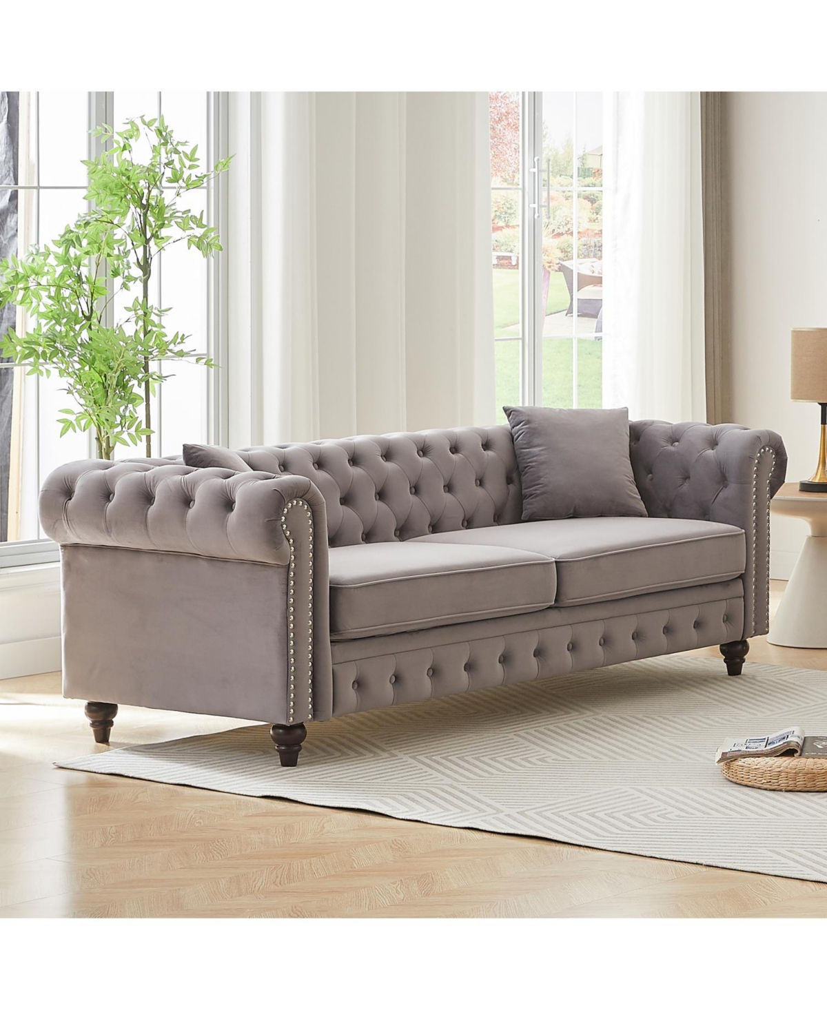 Streamdale Furniture Velvet Chesterfield Sofa 85.5" Rolled Arms 3 Seater Button Design + 2 Cushions