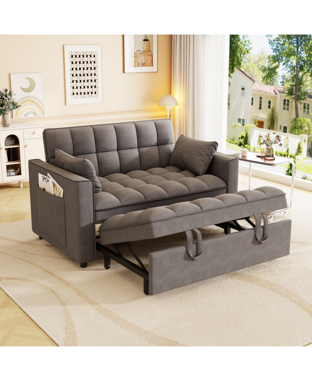 Streamdale Furniture Velvet Sleeper Sofa Couch Bed - Small Loveseat with Pillows - Dark Gray