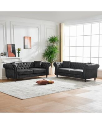 Streamdale Chesterfield Tech Fabric 3+3 Seater Sofa Set - Black