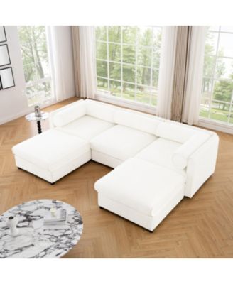 White Chenille Sofa with Storage Ottoman