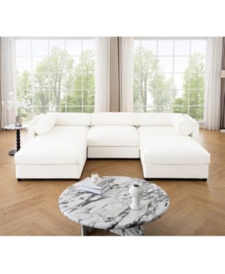 White Chenille Sofa with Storage Ottoman