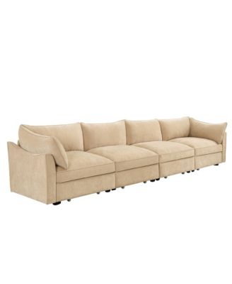  Chenille 4-Seater Sofa w/ Underseat Drawers & Crescent Arms - Wheat