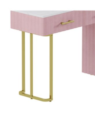 Velvet Vanity Desk Set, Marble Top, Adjustable Storage, Pink