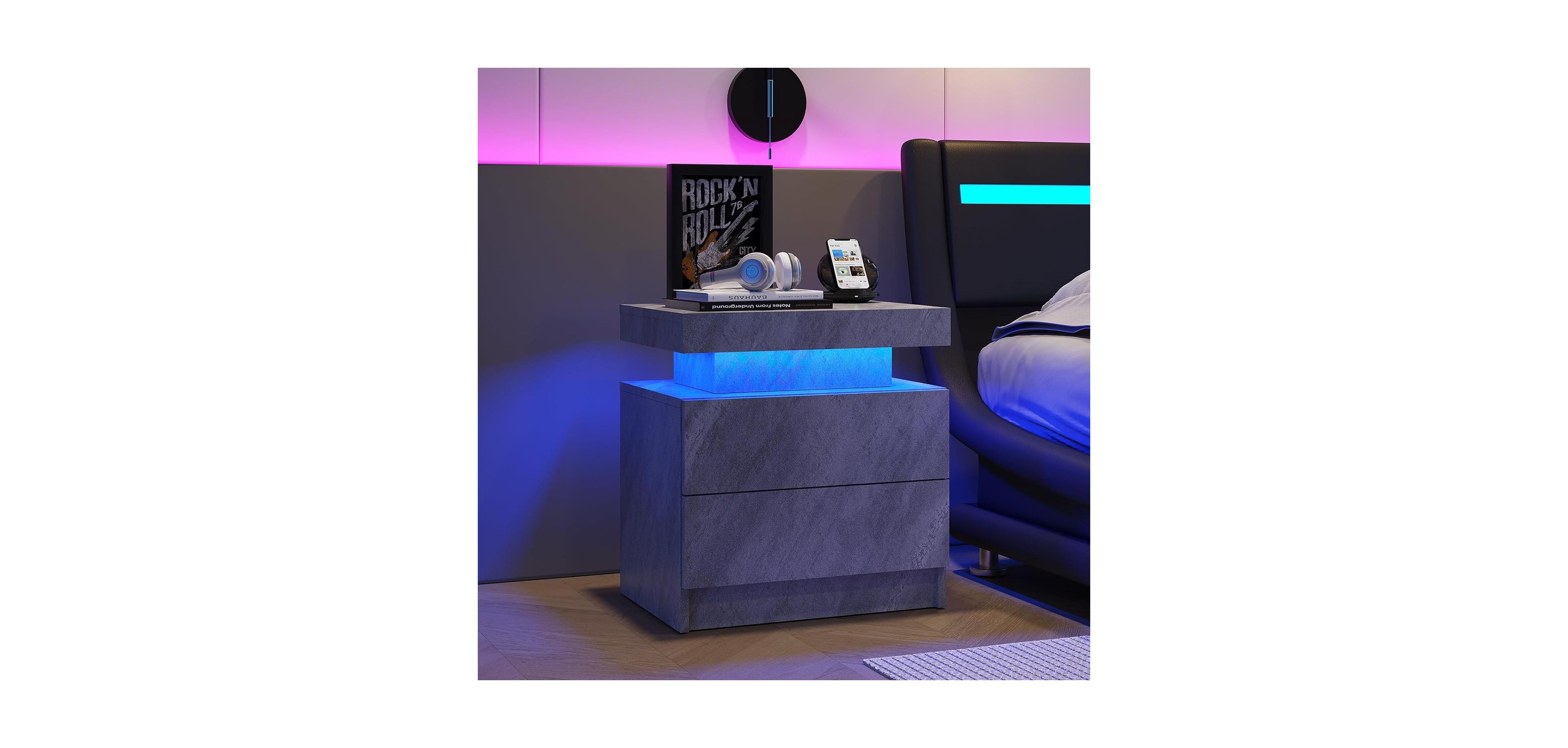 Streamdale Furniture Led Nightstand Bedside Table with 2 Drawers